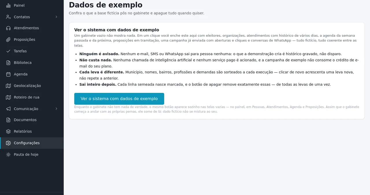 Tela de dados de exemplo do SGP, que preenche o gabinete com uma base fictícia e permite apagá-la depois.